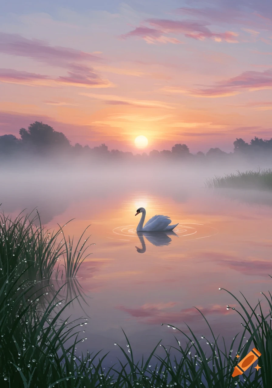 A white swan on a misty lake at sunset, with colorful sky and dewy grass in foreground, painted style.