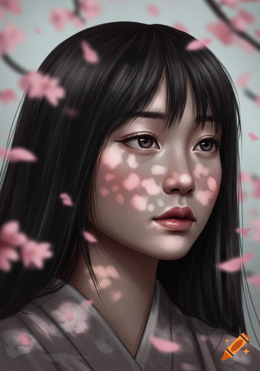 A close-up digital painting of a melancholic Asian woman with long black hair, surrounded by pink cherry blossoms.