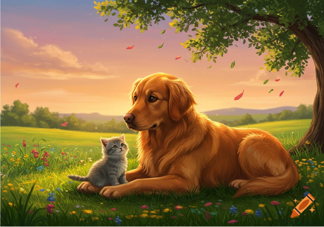 Illustrative image of a golden retriever and a kitten sitting in a field of wildflowers at sunset under a tree.
