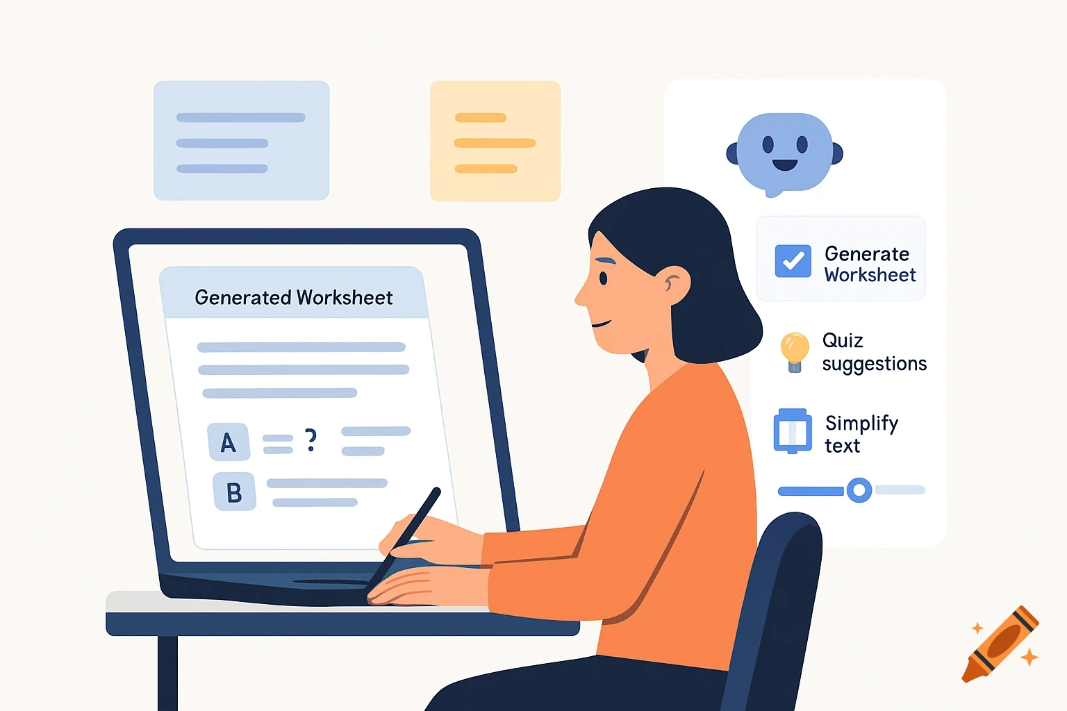 Flat illustration of a person creating a worksheet on a laptop with an AI assistant.