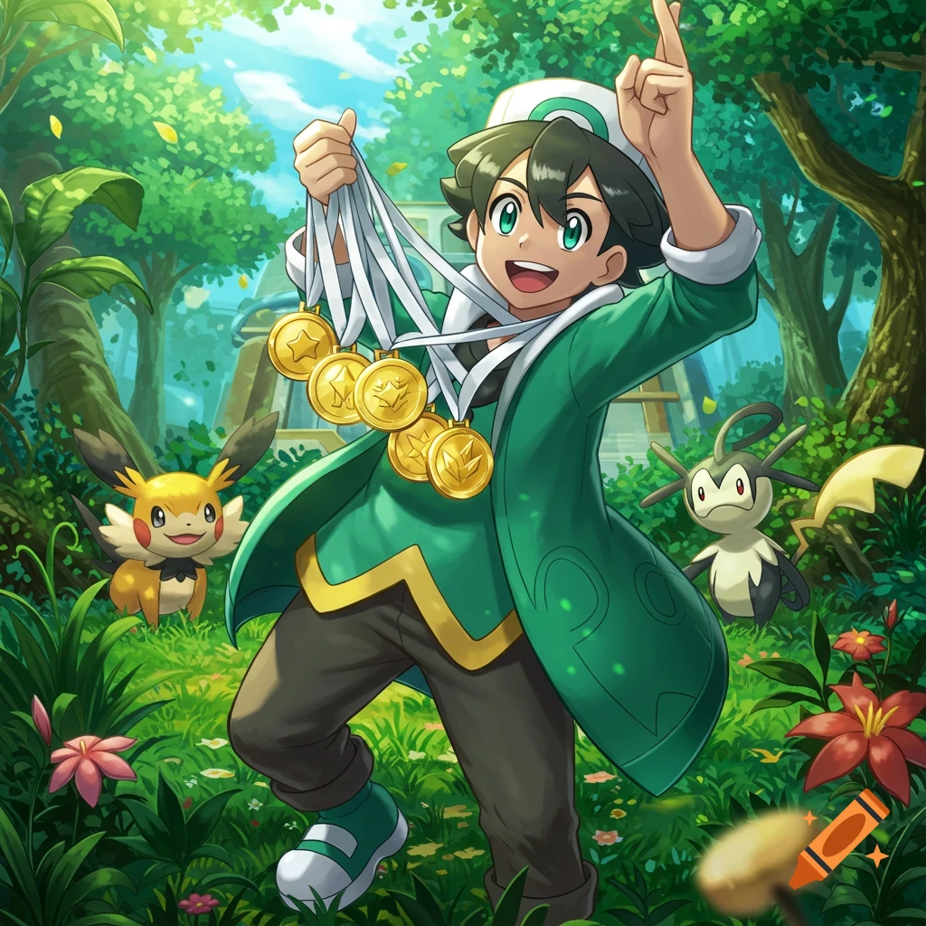 Anime Pokemon trainer holds seven gold medals, smiling in a lush forest with Pachirisu and a male Combee.
