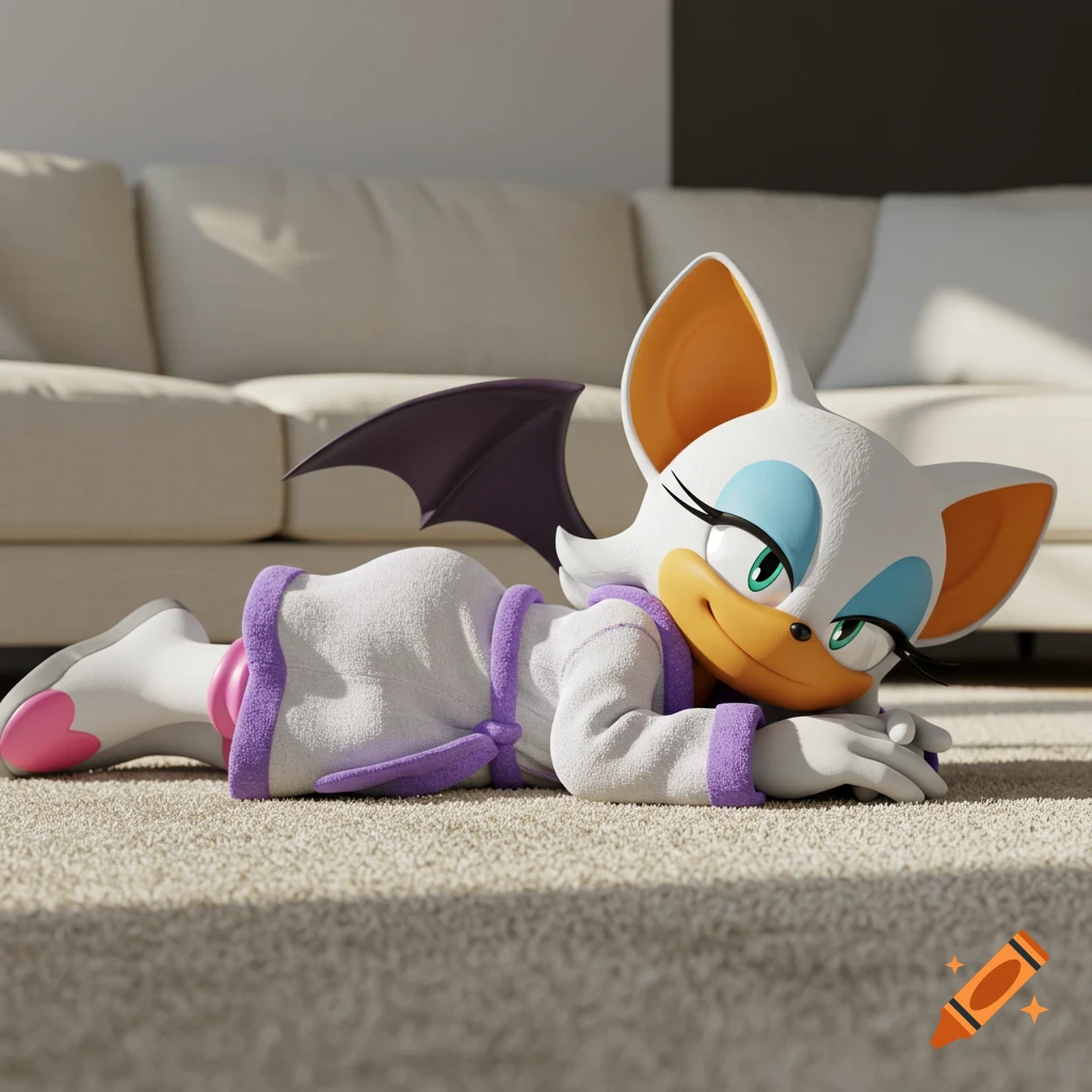 Rouge the Bat in a white and purple bathrobe lies on a living room carpet, smiling at the viewer. 3D art.