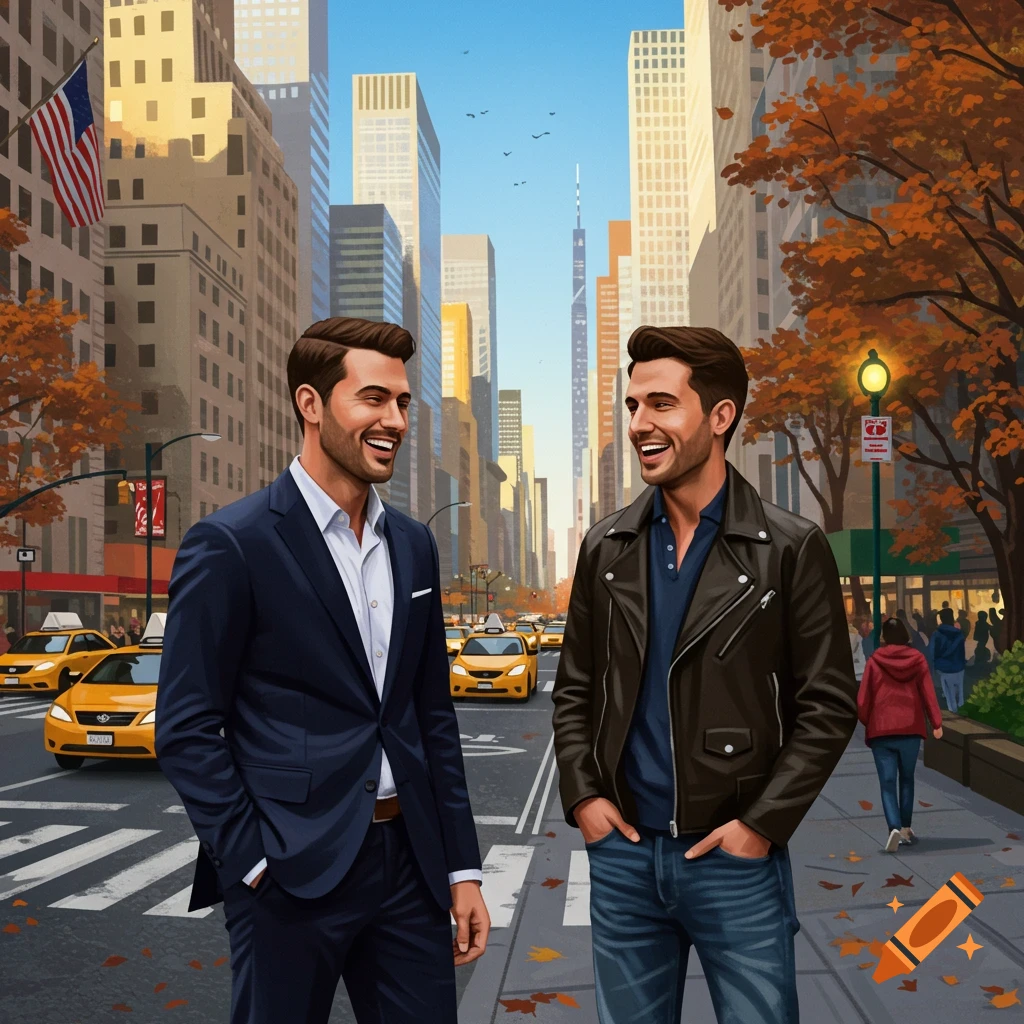 Two smiling men chat on a New York City street lined with tall buildings and autumn trees. Yellow taxis drive in the background.