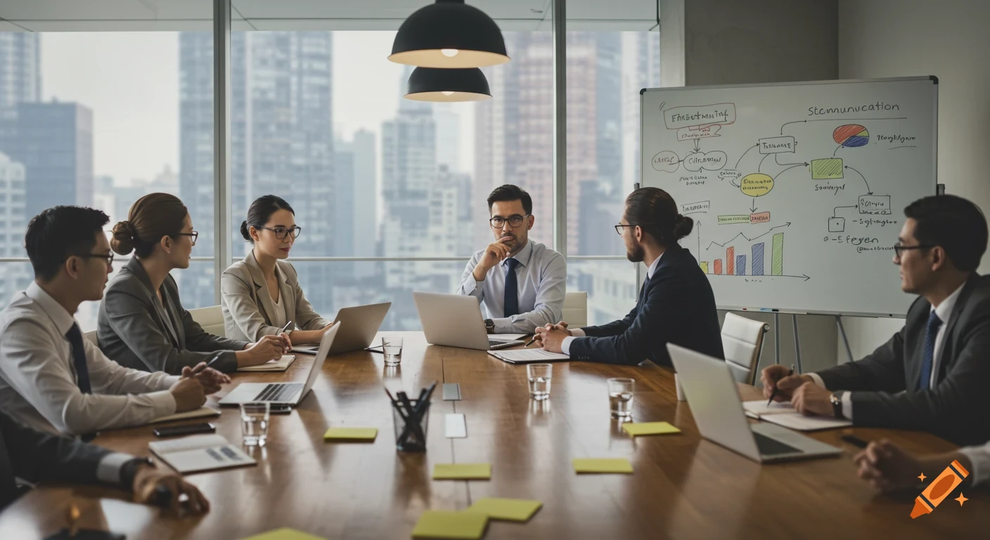 Photorealistic image of professionals in a modern boardroom, discussing during a meeting, with a city skyline visible through windows.