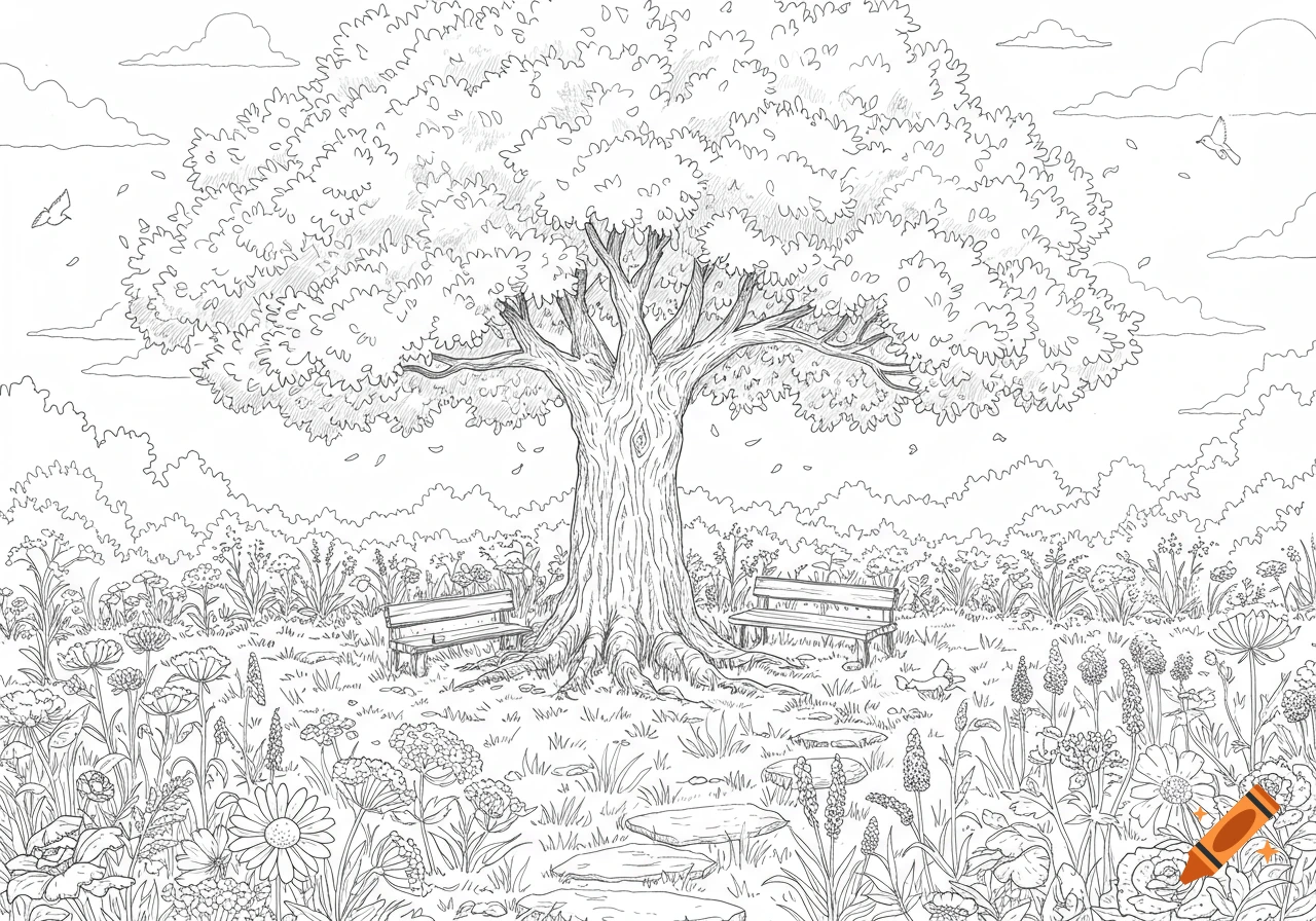 Line art coloring page of a large tree, two benches, flowers, and a stepping stone path in a peaceful park.