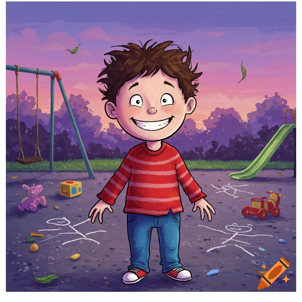 Smiling cartoon boy with messy brown hair in a red striped shirt and blue jeans, standing in a playground with chalk drawings, swings, and a slide.