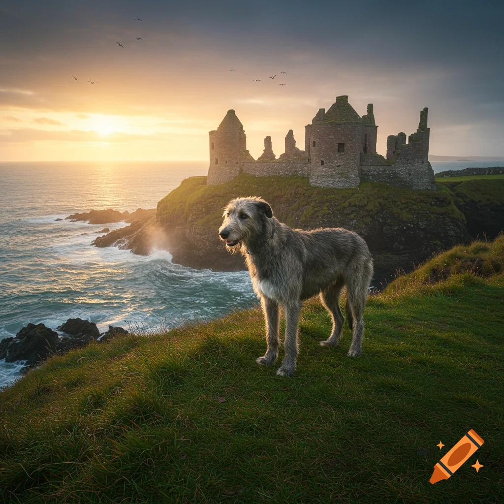 A majestic Irish Wolfhound stands on a grassy cliff overlooking a castle ruin by the sea at sunset.