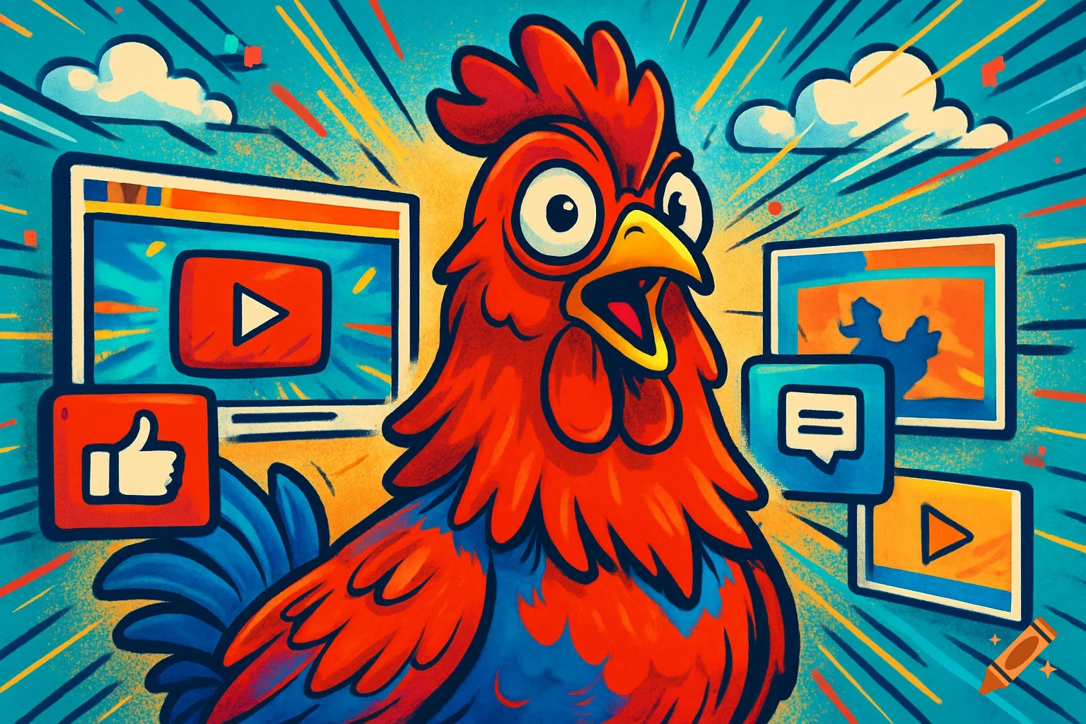 Vibrant cartoon rooster with wide eyes, surrounded by YouTube play button, like, and comment icons, against a colorful background.