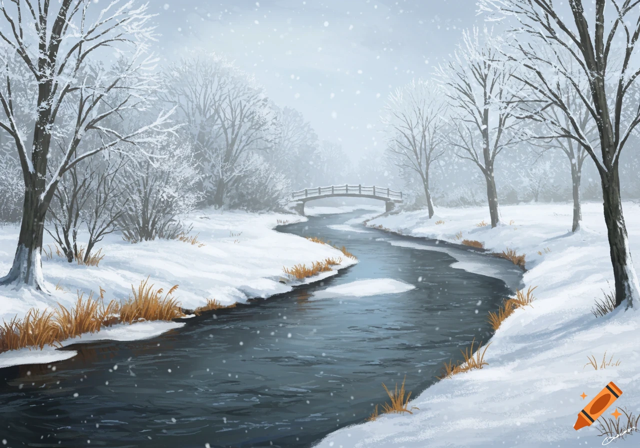 Painterly winter landscape with a winding river, snow-covered trees, a distant bridge, and falling snow.