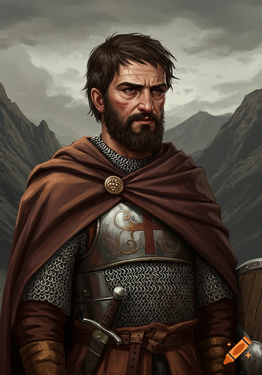 A stern, bearded crusader prince in chainmail, plate armor with a cross, and a brown cape against a mountain backdrop.