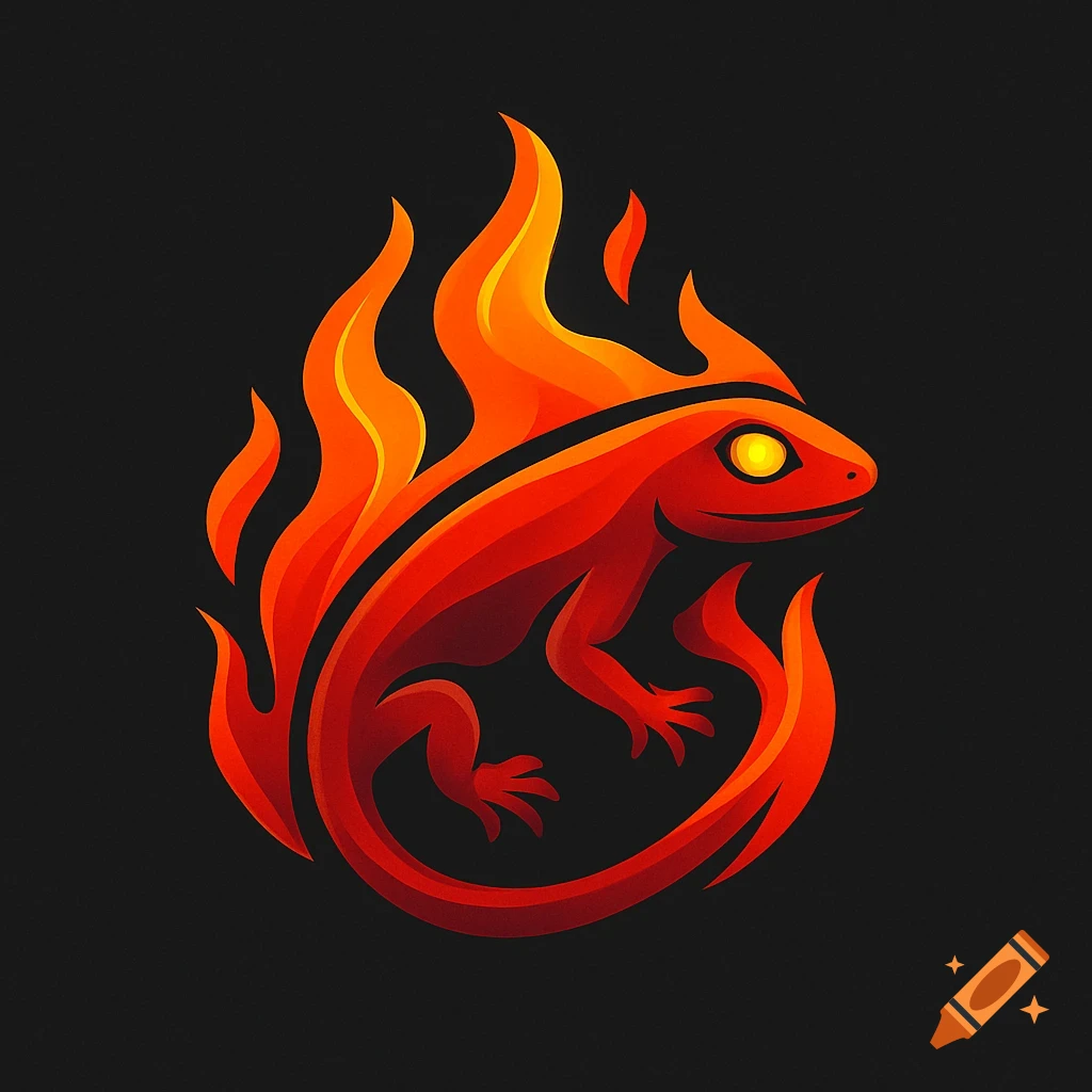 A stylized red salamander with yellow eyes, surrounded by orange and red flames, forming a logo on a black background.