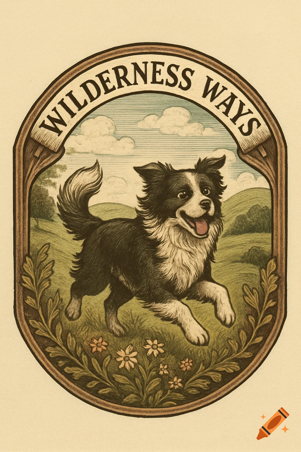 An illustrative badge with 'WILDERNESS WAYS' text, featuring a happy Border Collie dog running in a green, flowery countryside scene.