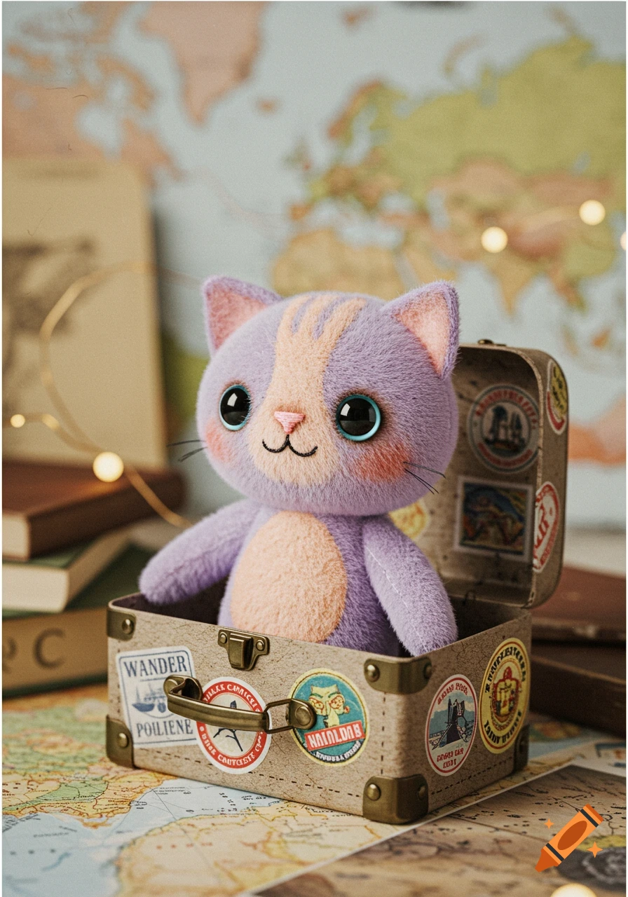Cute purple and peach plush cat sitting in an old travel suitcase covered in stickers, on a world map.