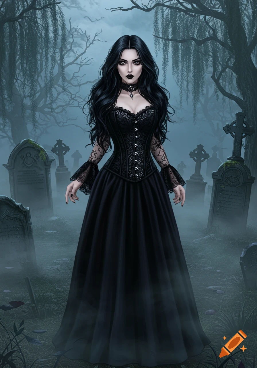 Gothic woman with long dark hair in a black dress and corset stands in a misty cemetery. Digital painting.