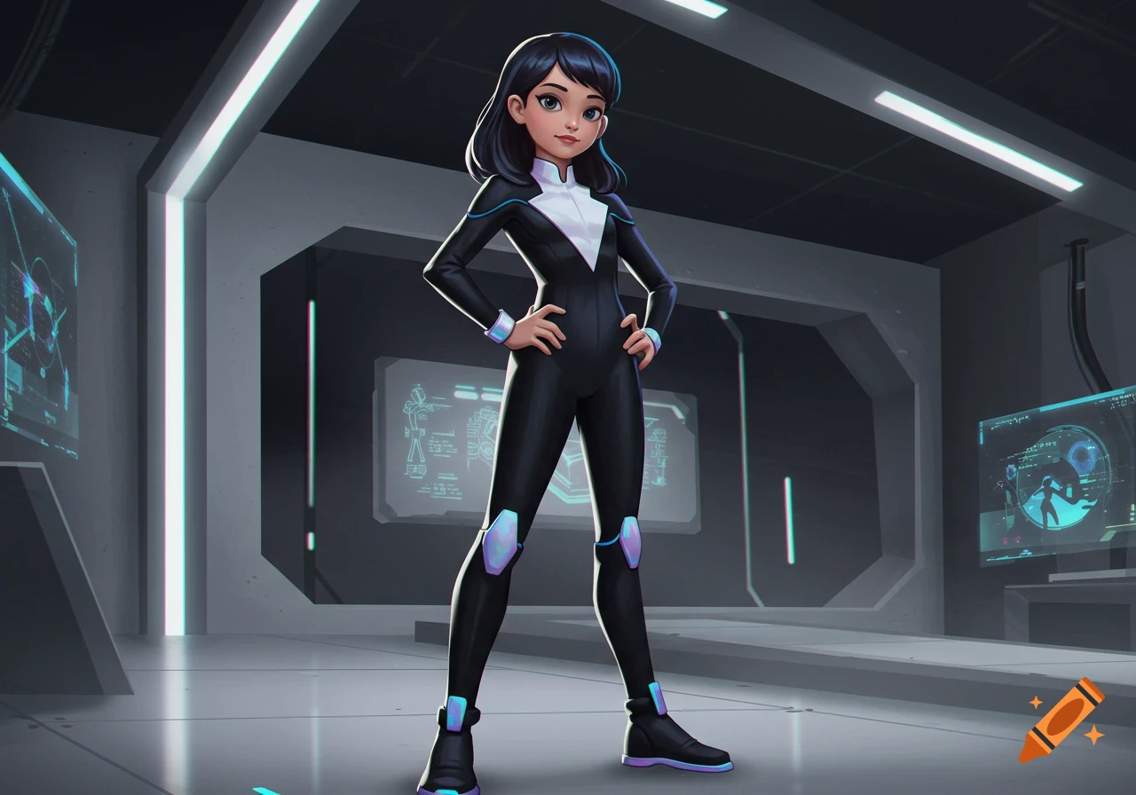 Cartoon girl in black and white futuristic suit with blue accents, standing in a sci-fi lab with glowing screens.