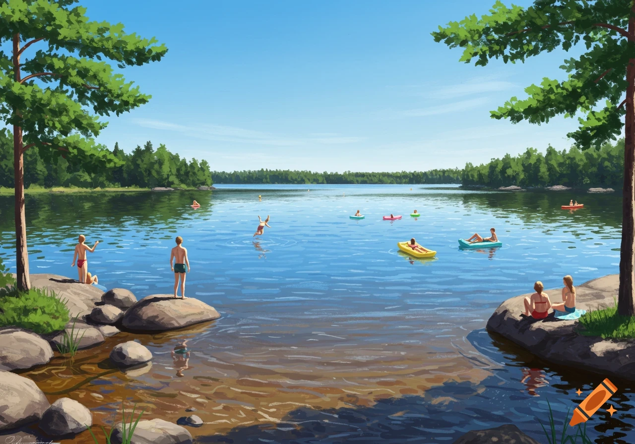 Illustrated summer scene of people swimming and relaxing on inflatable rafts in a large lake surrounded by green forests under a clear blue sky.