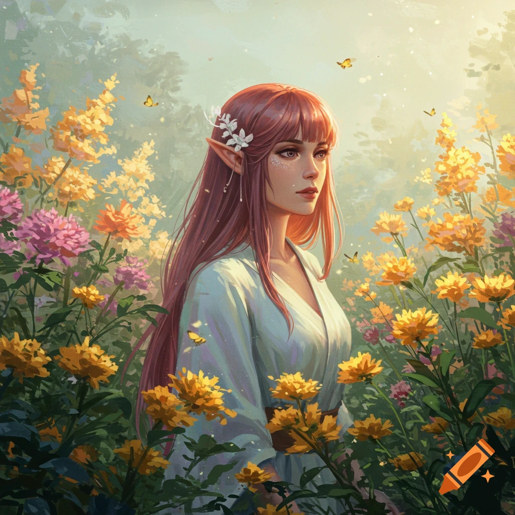 Long-haired elf woman with pointed ears in a light robe stands among colorful flowers and butterflies in a sunlit garden, digital painting.