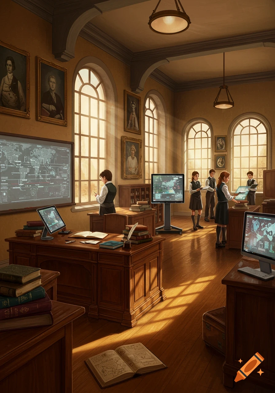 A detailed illustration of a history classroom featuring students, traditional portraits, and modern digital screens displaying maps.