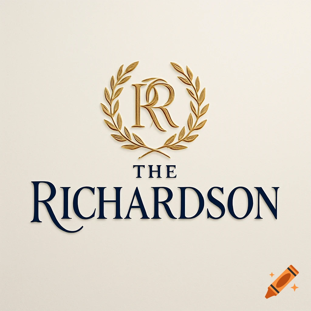 A sophisticated gold 'RR' monogram inside a laurel wreath, centered above the navy text 'THE RICHARDSON' on a cream background.