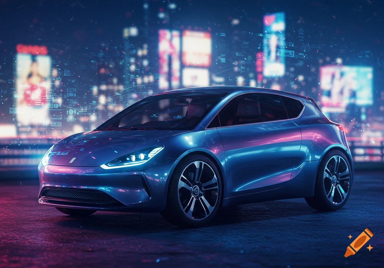 A sleek, futuristic blue-and-pink electric car parked on a wet street at night, with a blurred neon cyberpunk city in the background.