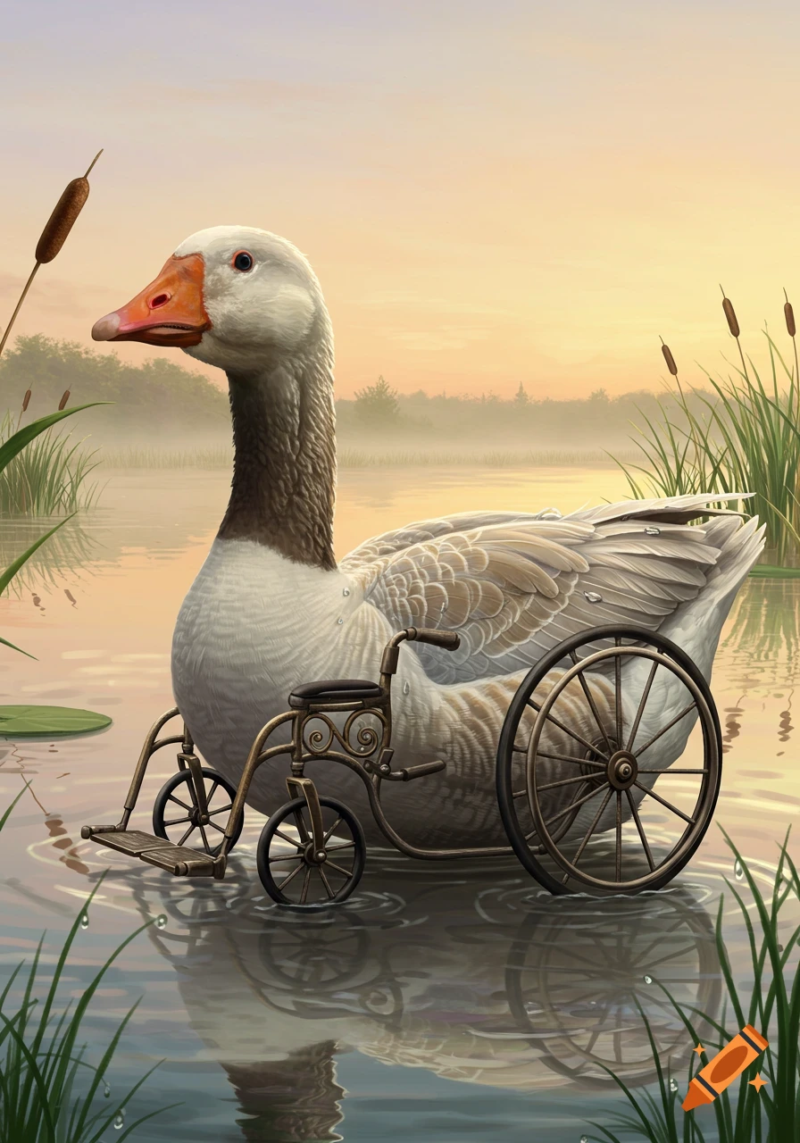 A surreal illustration of a goose with a vintage wheelchair integrated into its body, standing in a misty lake at sunrise.
