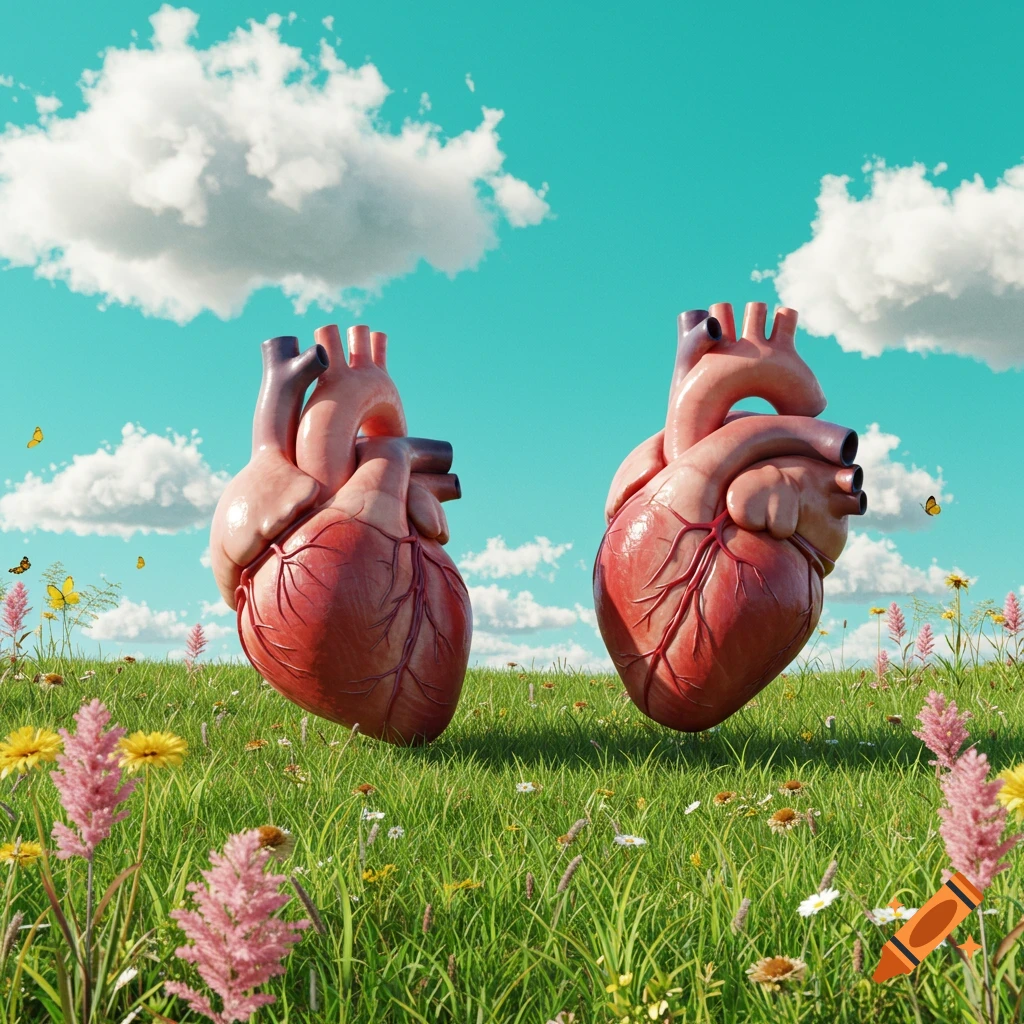 Two stylized human hearts float above a vibrant green meadow with colorful flowers and butterflies, under a bright blue sky with fluffy white clouds.
