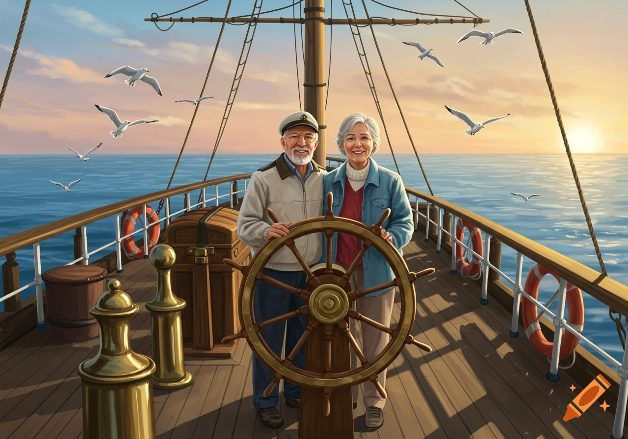Smiling elderly couple at the helm of a wooden ship at sea during sunset with seagulls flying, digital illustration.