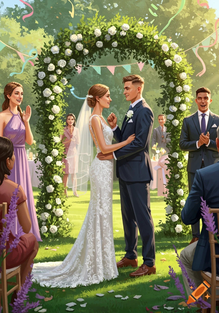 An outdoor wedding ceremony with a bride and groom under a white rose arch, with guests watching in a sunny garden.