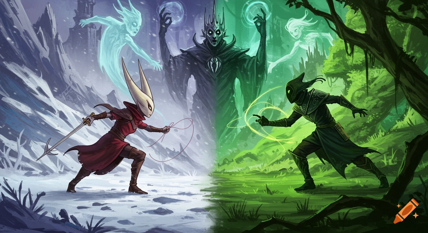 Hornet and the Vessel battle in a split snowy and forest landscape, overseen by a dark king and spirits in stylized game art.