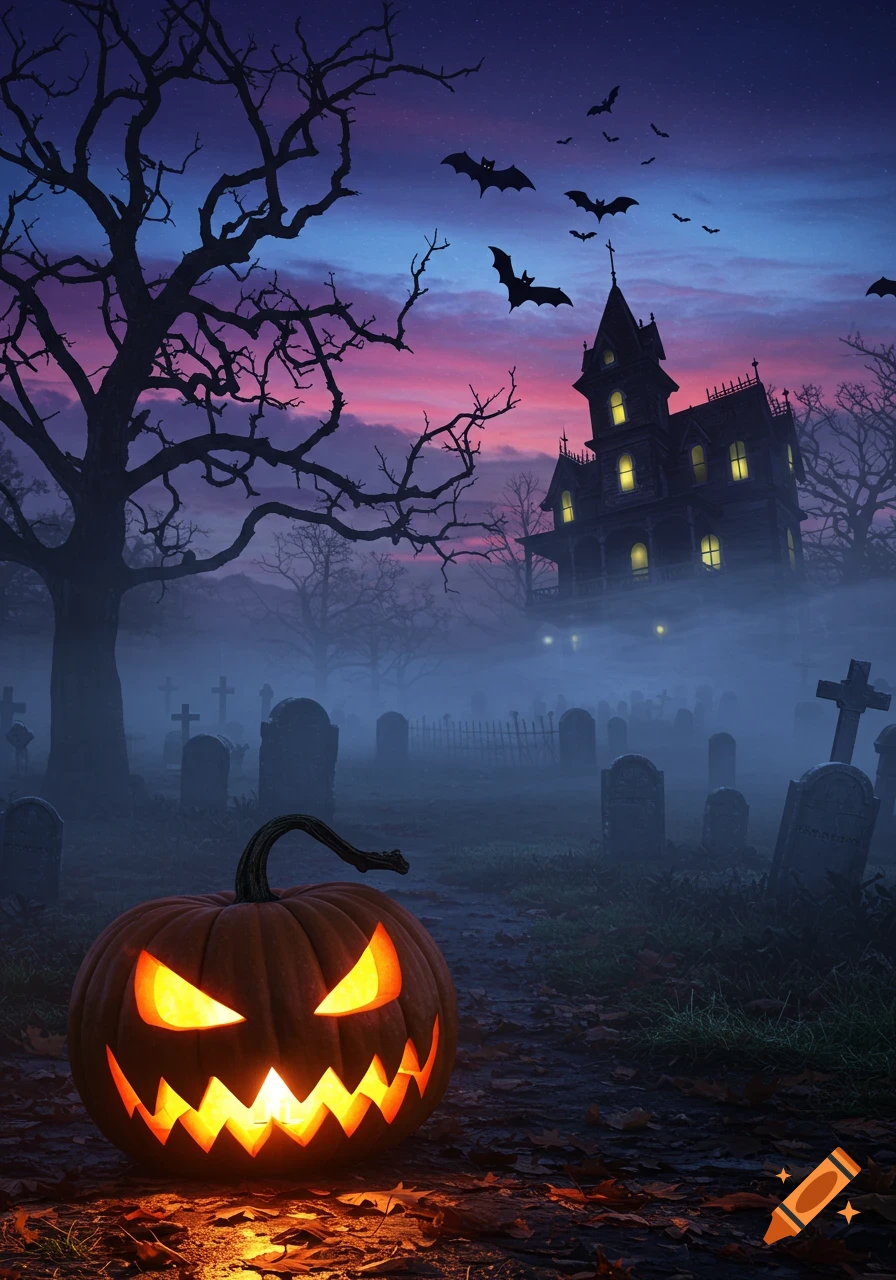 A glowing jack-o'-lantern sits in a foggy graveyard with a haunted house and bats against a sunset sky.