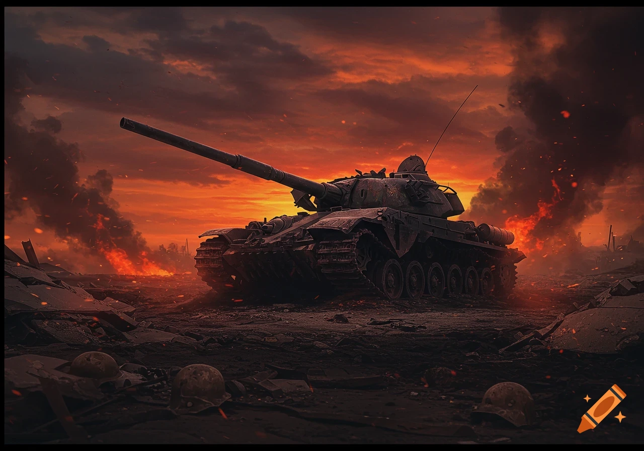 A military tank sits on a desolate battlefield amidst fire and smoke under a dramatic red and orange sky.