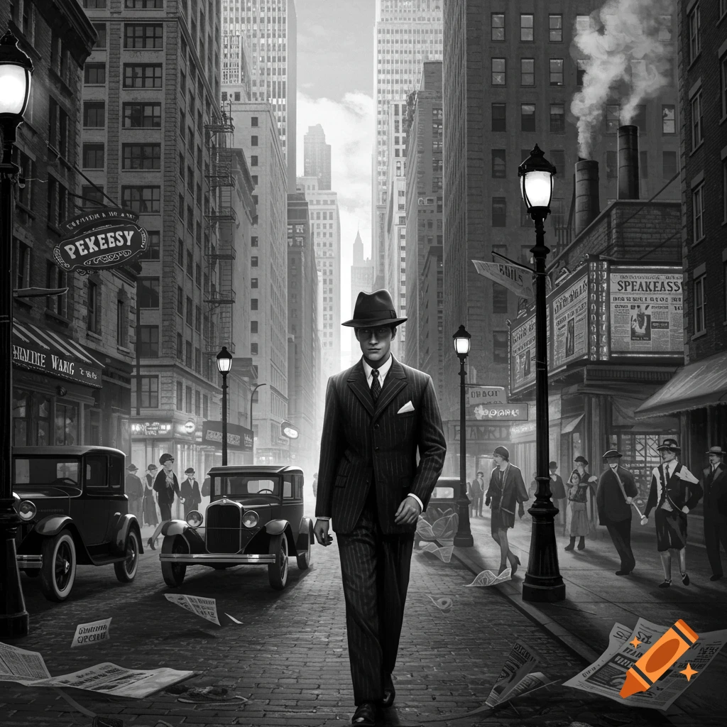 A man in a fedora and pinstripe suit walks down a black and white 1920s New York city street with vintage cars and buildings.