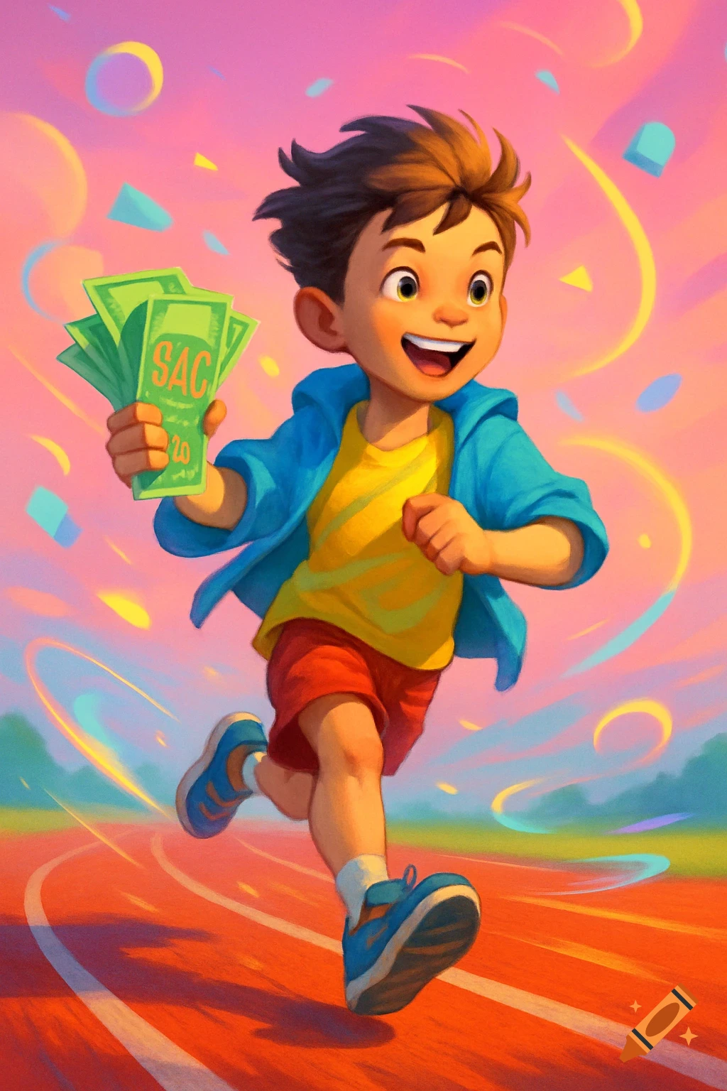 A happy cartoon boy in a blue jacket, yellow shirt, and red shorts runs on a red track, holding green cash with 'SAC' on it, against a pink and yellow background.