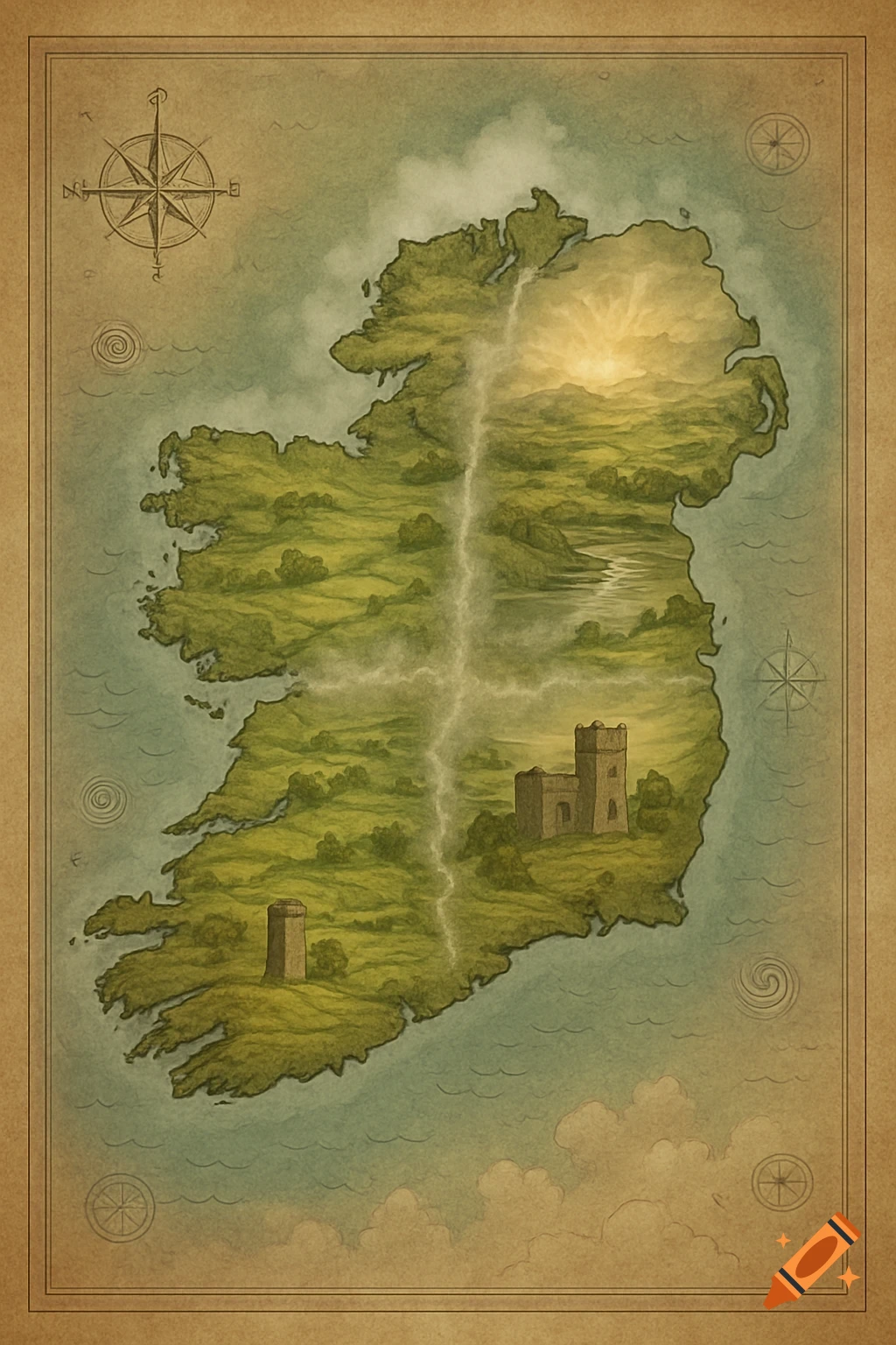 Stylized antique-look map of Ireland with green landscapes, castles, a waterfall, and a sunrise, bordered by compass roses.