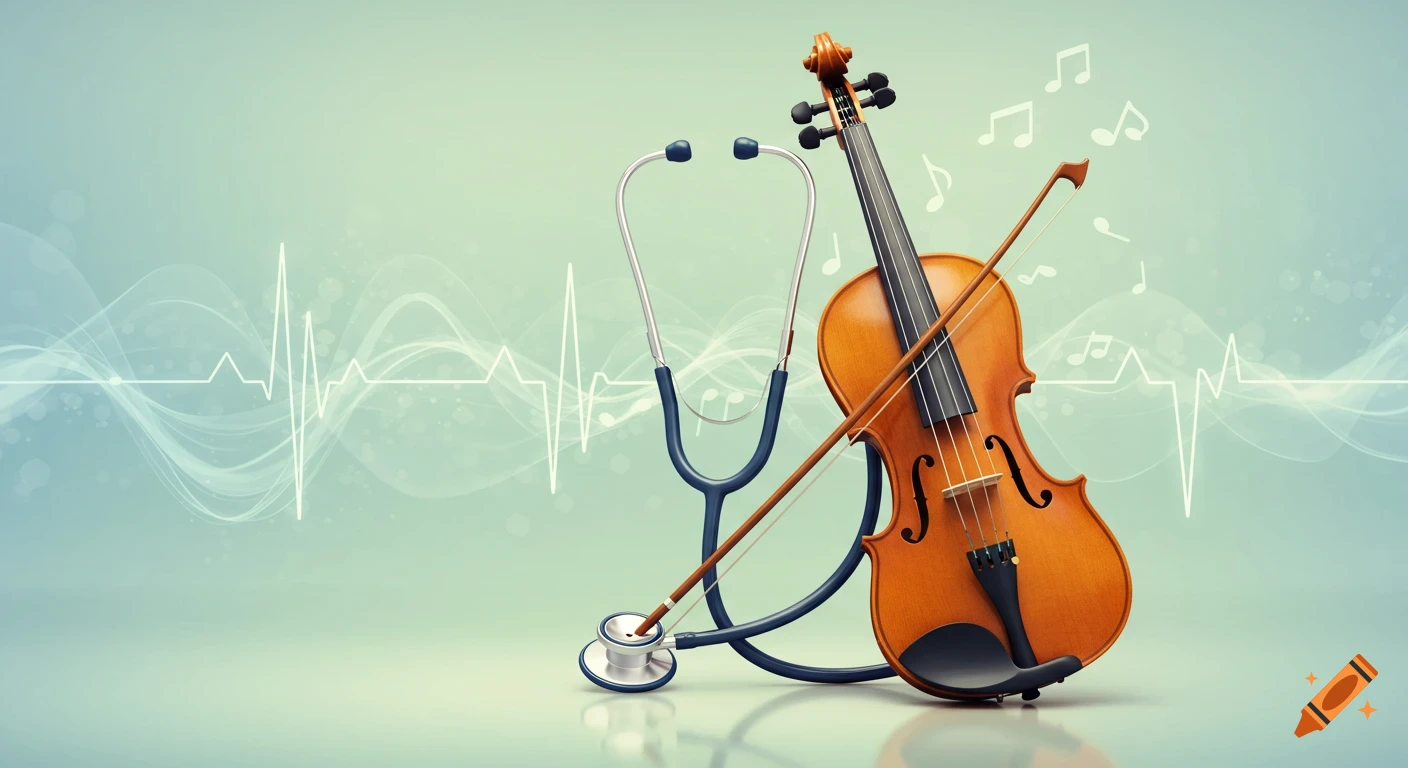 A stethoscope and a violin with a bow on a light green background with a heartbeat line and musical notes.