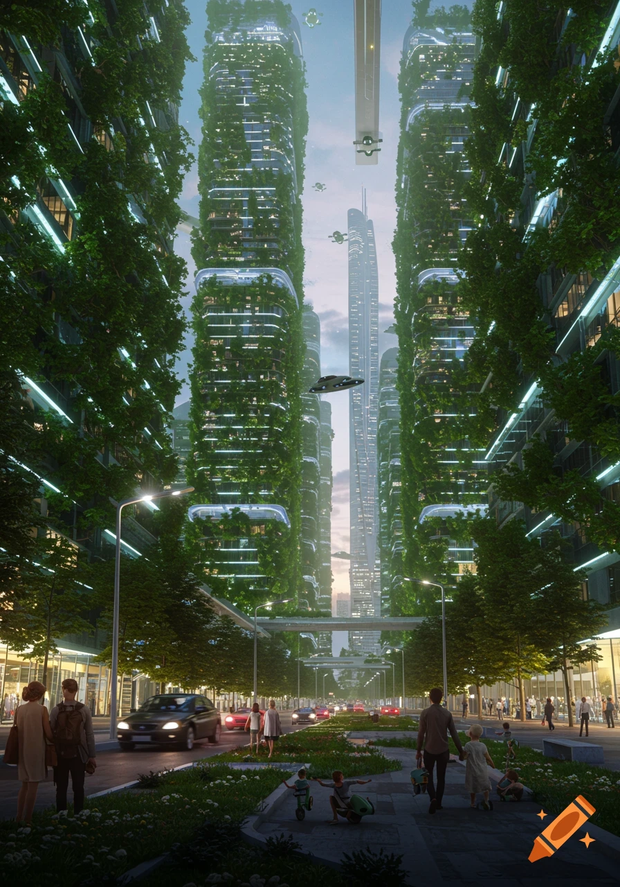 A vibrant, futuristic city street features tall, green vertical forest buildings, flying vehicles, and pedestrians on a tree-lined sidewalk.