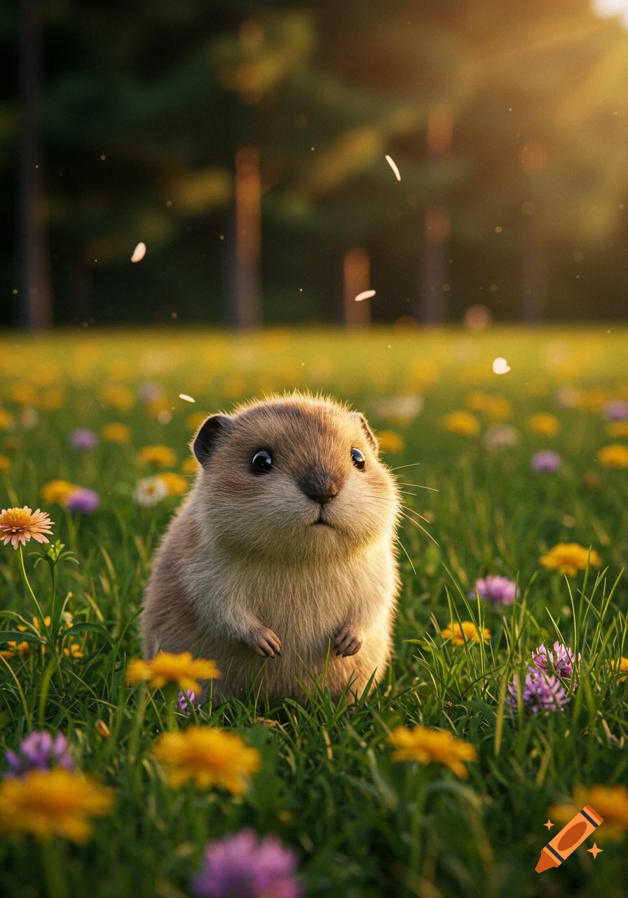 A cute, fluffy lemming-like creature stands in a field of green grass and colorful wildflowers at sunset.