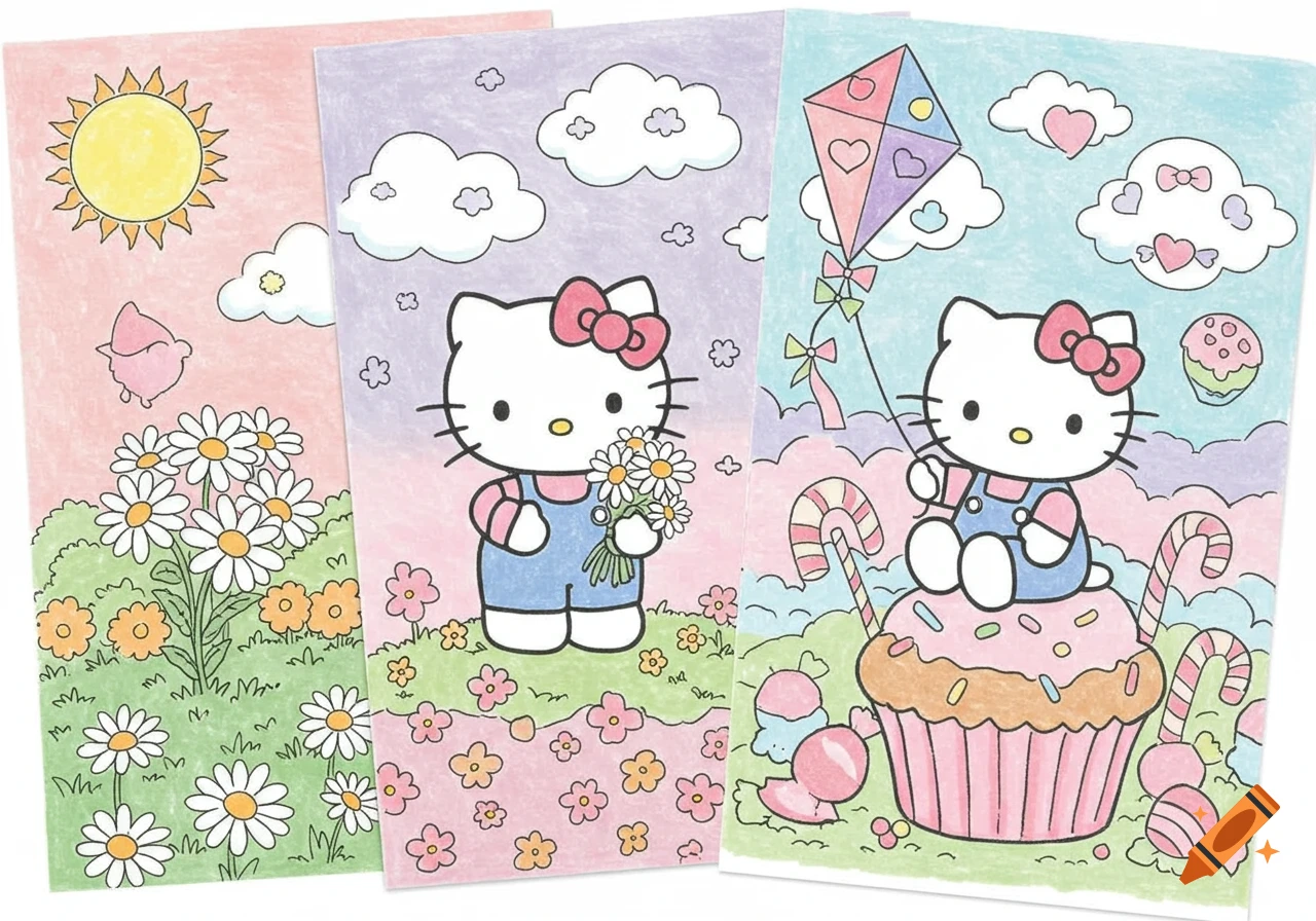 Three colorful Hello Kitty coloring pages showing scenes with flowers, kites, and cupcakes.