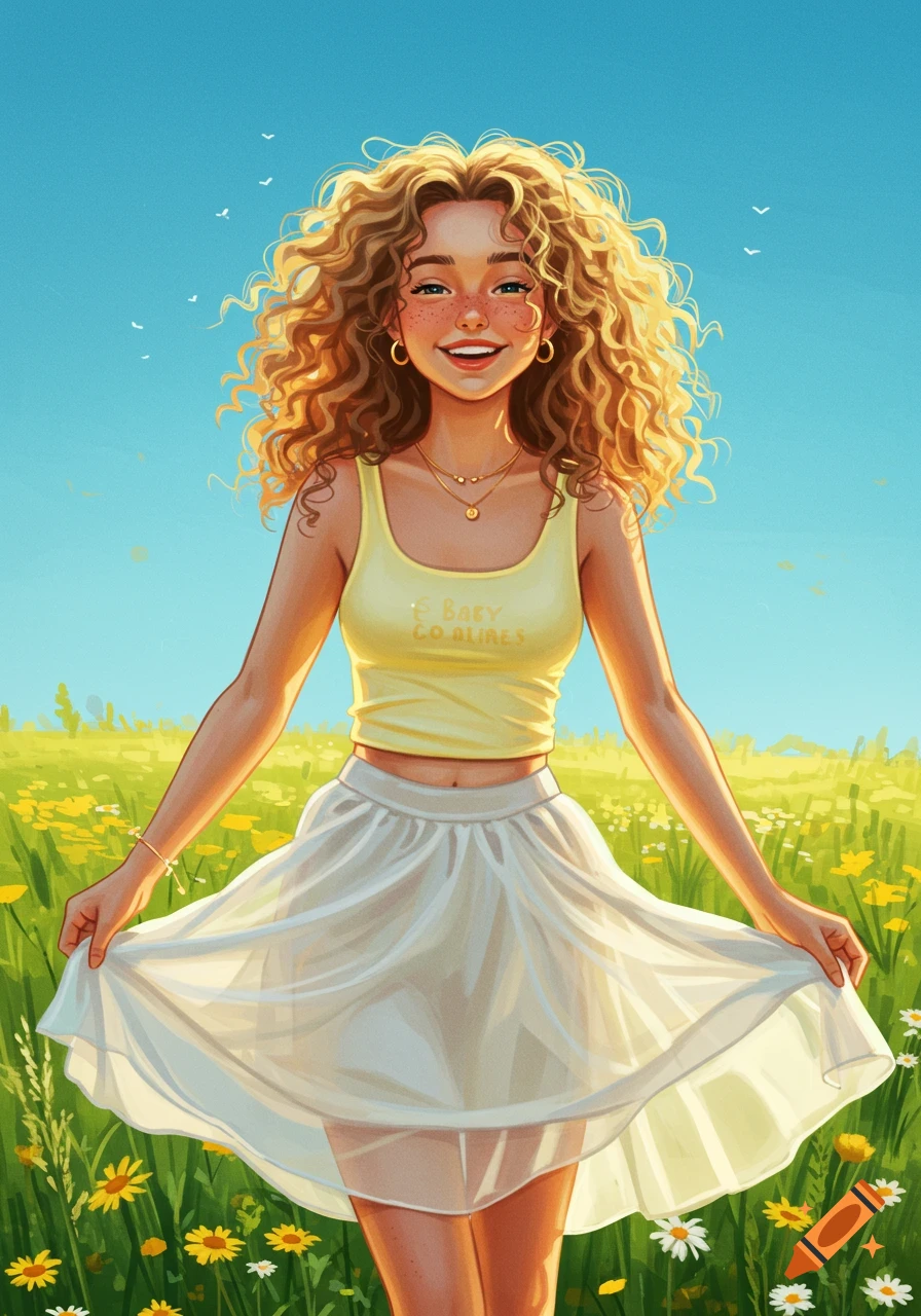 Smiling young woman with curly blonde hair in a yellow tank top and white skirt stands in a sunny flower field, digital art.