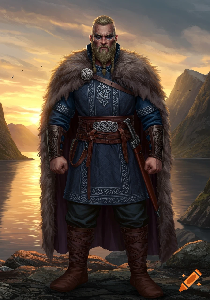 A muscular, bearded Viking warrior in a fur cloak and patterned blue tunic stands on rocks by a reflective fjord at sunset.