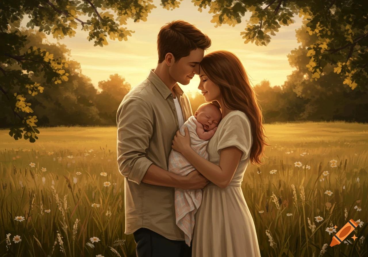 A young couple lovingly holds their sleeping baby in a golden field at sunset, a beautiful stylized illustration.