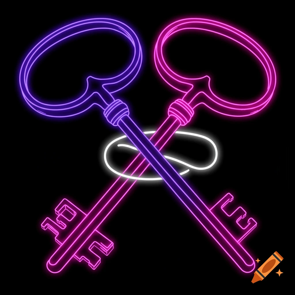 Purple and pink neon outline art of two crossed keys, with a white glow connecting them, on a black background.