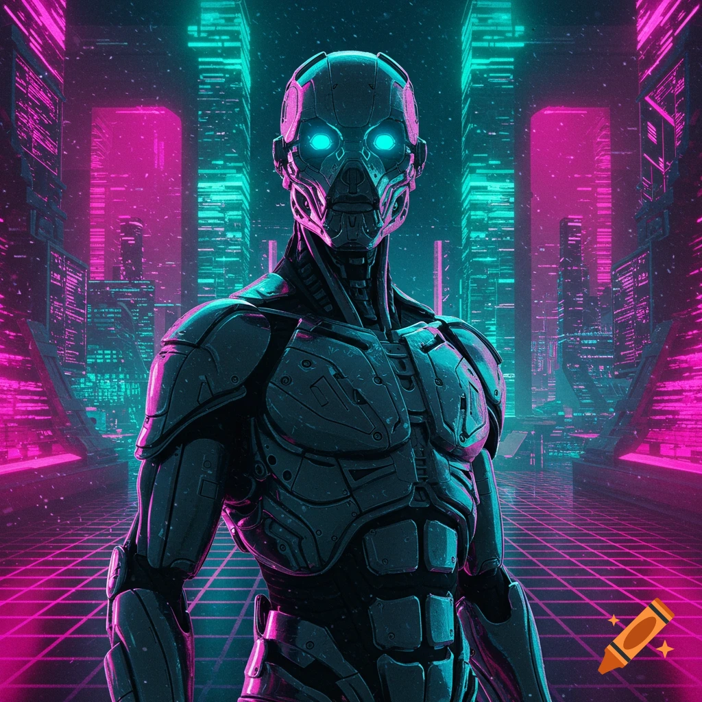 A metallic cyborg with glowing blue eyes stands in a vibrant neon-lit cyberpunk city.