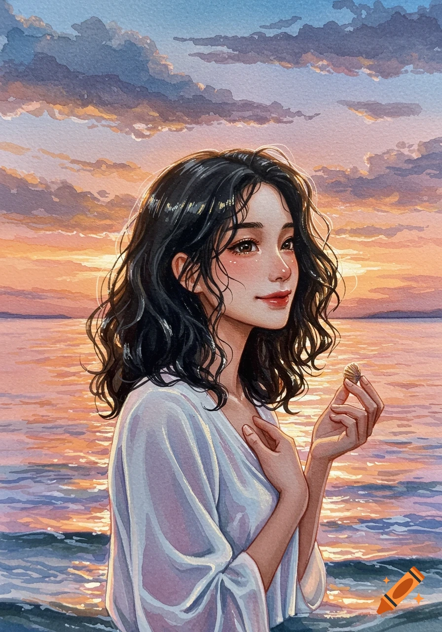 Watercolor illustration of a woman with dark wavy hair, holding a seashell, smiling against a vibrant sunset beach.