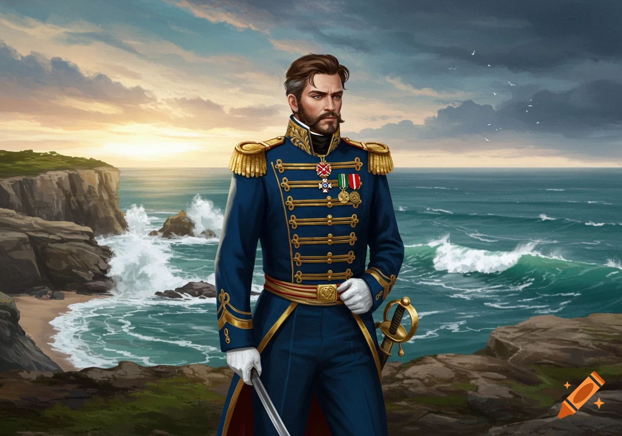 A man in a blue military uniform with gold trim and medals stands on a cliff overlooking a rough sea at sunset.