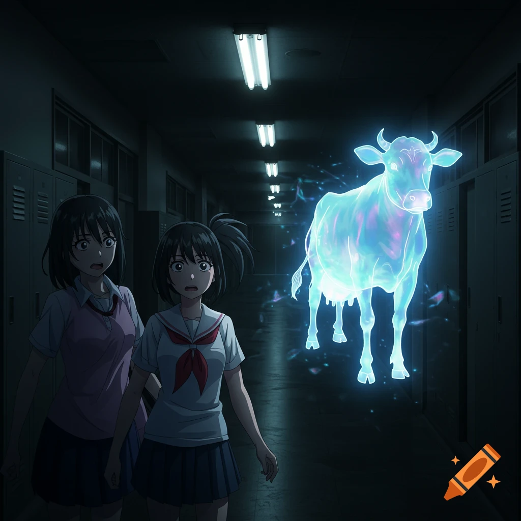 Two shocked anime schoolgirls confront a glowing, spectral cow in a dark school corridor.