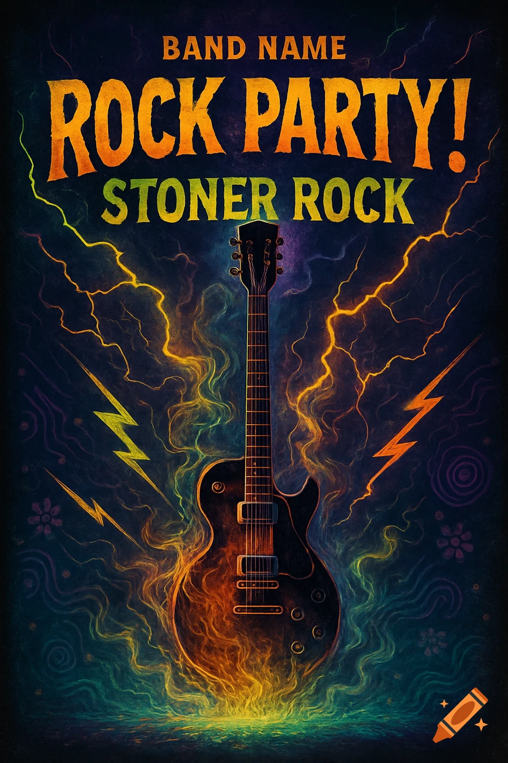 Psychedelic rock concert poster featuring an electric guitar surrounded by vibrant orange and yellow smoke and lightning, with text that reads 'BAND NAME ROCK PARTY! STONER ROCK'.