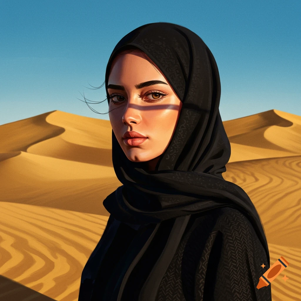 Illustrative portrait of a woman in a black hijab in a sunlit desert with sand dunes and a blue sky.