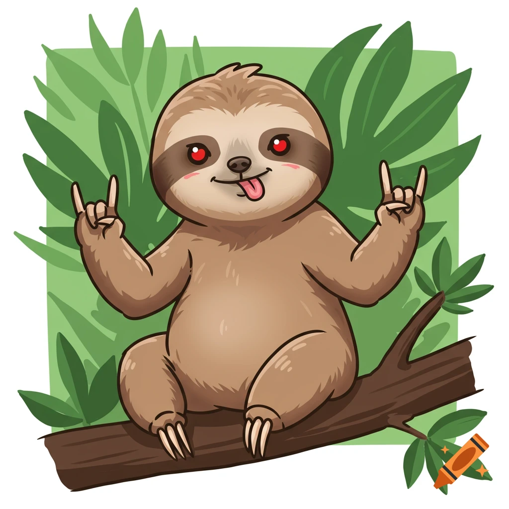 Cute cartoon sloth sitting on a branch, sticking its tongue out and making rock n' roll hand signs.