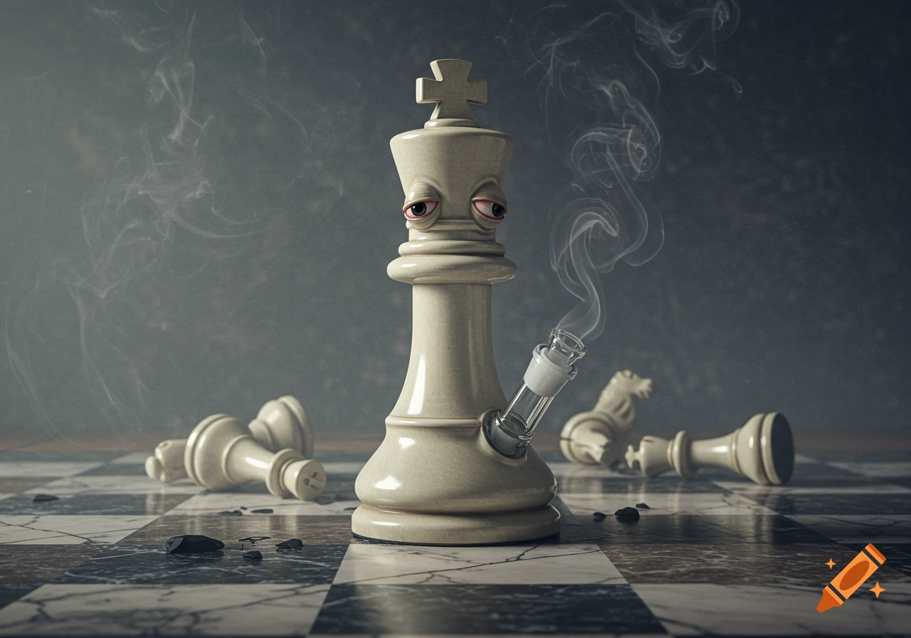 A white king chess piece as a bong with red droopy eyes and smoke rising from a glass pipe, on a chessboard with fallen pieces.
